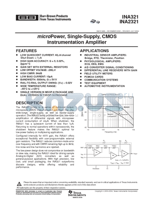 INA2321 datasheet - microPower, Single-Supply, CMOS Instrumentation Amplifier
