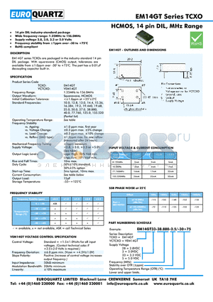 EM14GT28-38.880-2.5-30 datasheet - HCMOS, 14 pin DIL, MHz Range