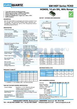 EM14GT3-38.880-2.5-30 datasheet - HCMOS, 14 pin DIL, MHz Range