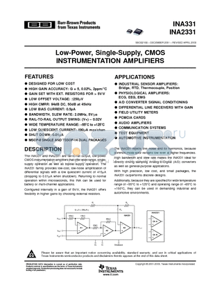 INA2331 datasheet - Low-Power, Single-Supply, CMOS INSTRUMENTATION AMPLIFIERS