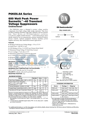 P6KE100G datasheet - 600 Watt Peak Power Surmetic TM -40 Transient Voltage Suppressors