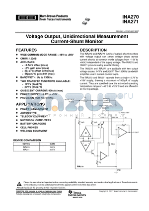 INA271AIDR datasheet - Voltage Output, Unidirectional Measurement Current-Shunt Monitor