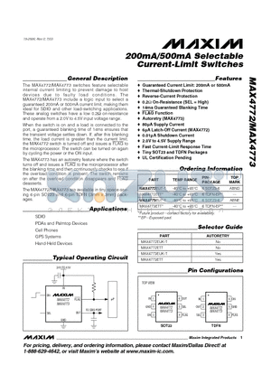 MAX4772 datasheet - 200mA/500mA Selectable Current-Limit Switches