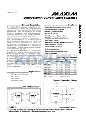 MAX4785EXS-T datasheet - 50mA/100mA Current-Limit Switches