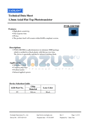 PT28-21B/TR8 datasheet - 1.3mm Axial Flat Top Phototransistor