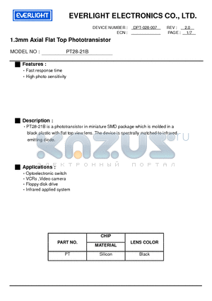 PT28-21B datasheet - 1.3mm Axial Flat Top Phototransistor