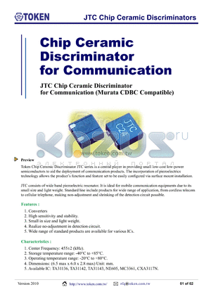 JTC455C50TR datasheet - JTC Chip Ceramic Discriminators