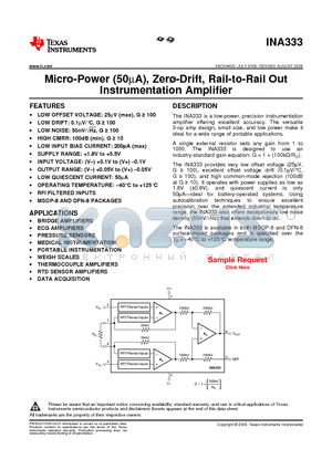 INA333 datasheet - Micro-Power (50mA), Zero -Drift, Rail-to-Rail Out Instrumentation Amplifier