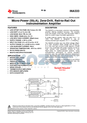INA333AIDGKR datasheet - Micro-Power (50uA), Zer-Drift, Rail-to-Rail Out Instrumentation Amplifier
