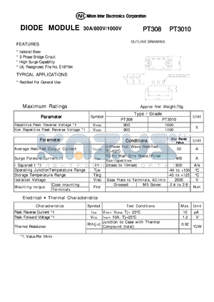 PT308 datasheet - DIODE MODULE 30A/800V/1000V