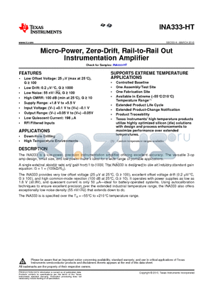 INA333-HT datasheet - Micro-Power, Zer-Drift, Rail-to-Rail Out Instrumentation Amplifier