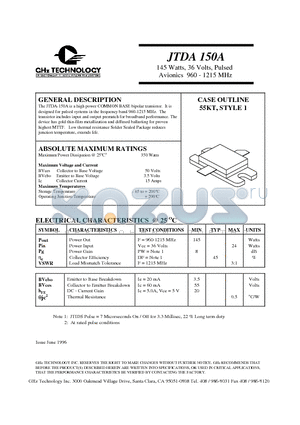 JTDA150A datasheet - 145 Watts, 36 Volts, Pulsed Avionics 960 - 1215 MHz