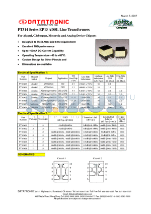 PT31401 datasheet - EP13 ADSL Line Transformers