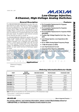 MAX4802CCM datasheet - Low-Charge Injection, 8-Channel, High-Voltage Analog Switches