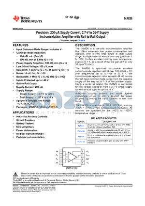 INA826 datasheet - Precision, 200-lA Supply Current, 2.7-V to 36-V Supply Instrumentation Amplifier with Rail-to-Rail Output