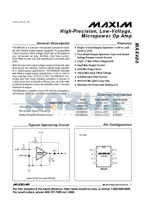 MAX480EPA datasheet - High-Precision, Low-Voltage, Micropower Op Amp