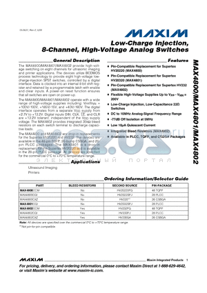 MAX4802CXZ datasheet - Low-Charge Injection, 8-Channel, High-Voltage Analog Switches