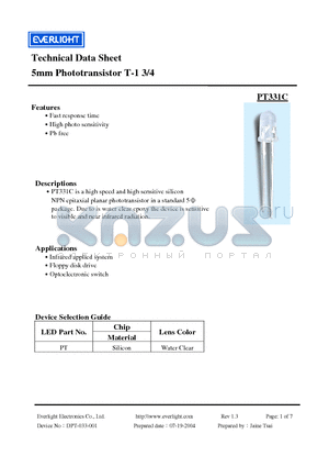 PT331C datasheet - 5MM PHOTOTRANSISTOR T-1 3/4