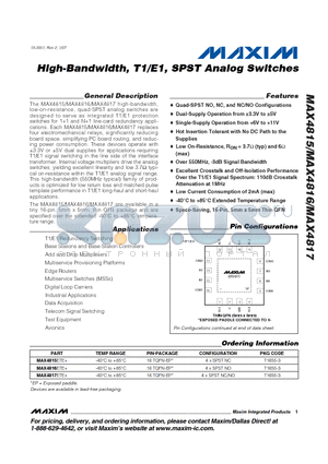 MAX4815 datasheet - High-Bandwidth, T1/E1, SPST Analog Switches