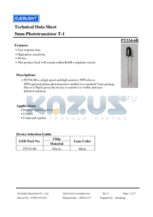 PT334-6B datasheet - 5mm Phototransistor T-1