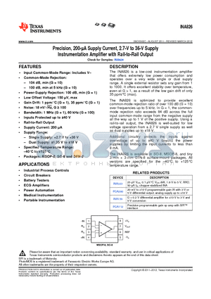 INA826AIDGK datasheet - Precision, 200-lA Supply Current, 2.7-V to 36-V Supply