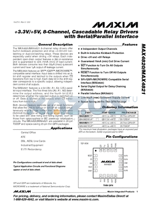 MAX4820ETP datasheet - 3.3V/5V, 8-Channel, Cascadable Relay Drivers with Serial/Parallel Interface