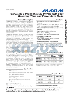 MAX4822 datasheet - 3.3V/5V, 8-Channel Relay Drivers with Fast Recovery Time and Power-Save Mode