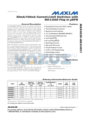 MAX4826 datasheet - 50mA/100mA Current-Limit Switches with NO-LOAD Flag in lDFN