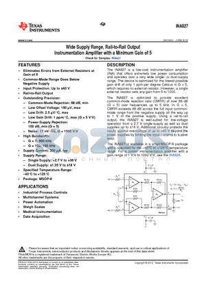 INA827AIDGK datasheet - Wide Supply Range, Rail-to-Rail Output Instrumentation Amplifier with a Minimum Gain of 5