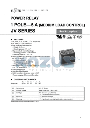 JV-12-KT datasheet - POWER RELAY 1 POLE - 5 A (MEDIUM LOAD CONTROL)