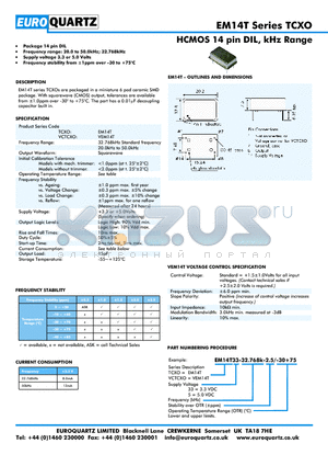 EM14T33-32.768K-2.5-30 datasheet - HCMOS 14 pin DIL, kHz Range