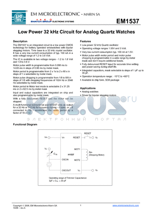 EM1537 datasheet - Low Power 32 kHz Circuit for Analog Quartz Watches