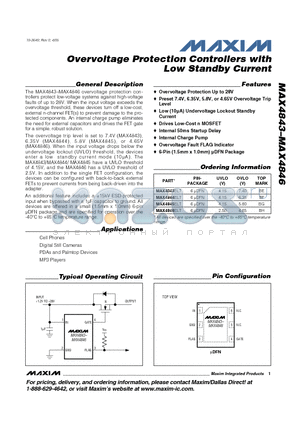 MAX4843 datasheet - Overvoltage Protection Controllers with Low Standby Current