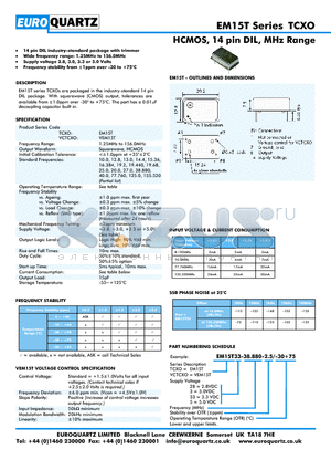 EM15T3-38.880-2.5-30 datasheet - HCMOS, 14 pin DIL, MHz Range