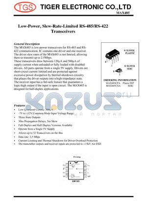 MAX485 datasheet - Low-Power, Slew-Rate-Limited RS-485/RS-422 Transceivers