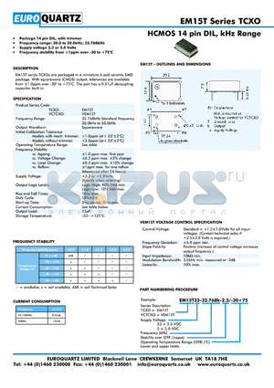 EM15T33-32.768K-2.5-30 datasheet - HCMOS 14 pin DIL, kHz Range