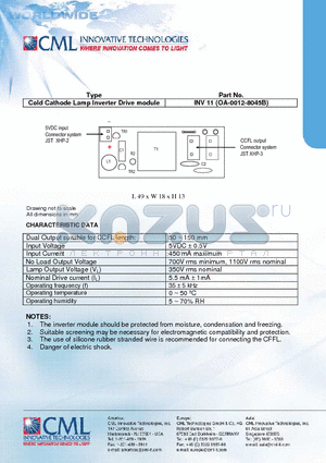 INV11 datasheet - Cold Cathode Lamp Inverter Drive module