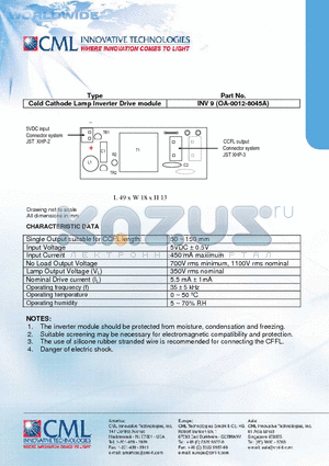 INV9 datasheet - Cold Cathode Lamp Inverter Drive module