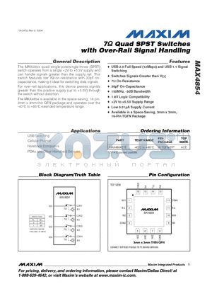 MAX4854 datasheet - 7Y Quad SPST Switches with Over-Rail Signal Handling