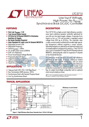 LTC3713 datasheet - Low Input Voltage, High Power, No RSENSE Synchronous Buck DC/DC Controller
