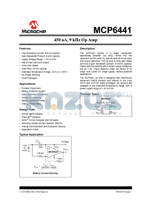 MCP6441T-E/OT datasheet - 450 nA, 9 kHz Op Amp