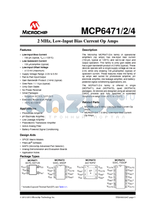 MCP6471 datasheet - 2 MHz, Low-Input Bias Current Op Amps