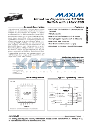 MAX4885E datasheet - Ultra-Low Capacitance 1:2 VGA Switch with a15kV ESD