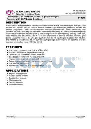 PT4316-XL datasheet - Low Power 315/433 MHz OOK/ASK Superheterodyne Receiver with SAW-based Oscillator