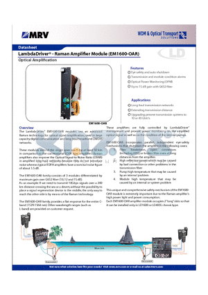 EM1600-OAR10 datasheet - LambdaDriver Raman Amplifi er Module (EM1600-OAR)