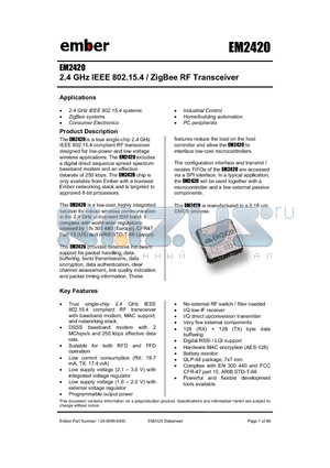 EM2420DK datasheet - 2.4 GHz IEEE 802.15.4 / ZigBee RF Transceiver