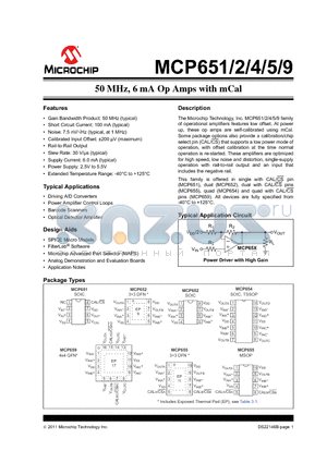 MCP652 datasheet - 50 MHz, 6 mA Op Amps with mCal