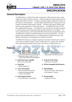 EM25LV010 datasheet - 1 Megabit (128K x 8) Serial Flash Memory