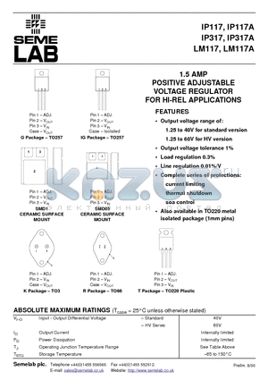 IP117A datasheet - 1.5 AMP POSITIVE ADJUSTABLE VOLTAGE REGULATOR FOR HI-REL APPLICATIONS