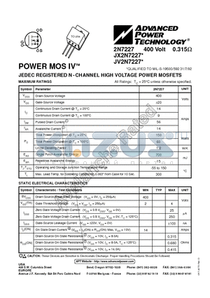 JV2N7227 datasheet - JEDEC REGISTERED N - CHANNEL HIGH VOLTAGE POWER MOSFETS